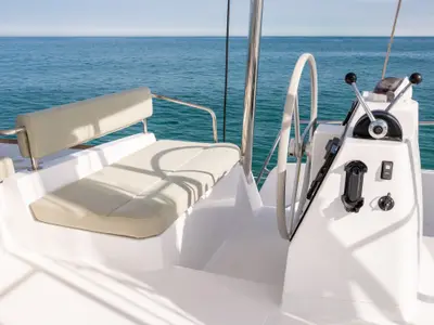 Cockpit of Santa Ana, a Bali 4.6 catamaran at Saint-Mandrier-sur-Mer, France