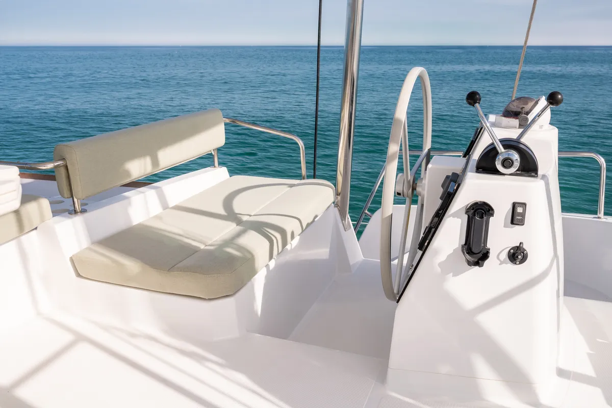 Cockpit of Santa Ana, a Bali 4.6 catamaran at Saint-Mandrier-sur-Mer, France
