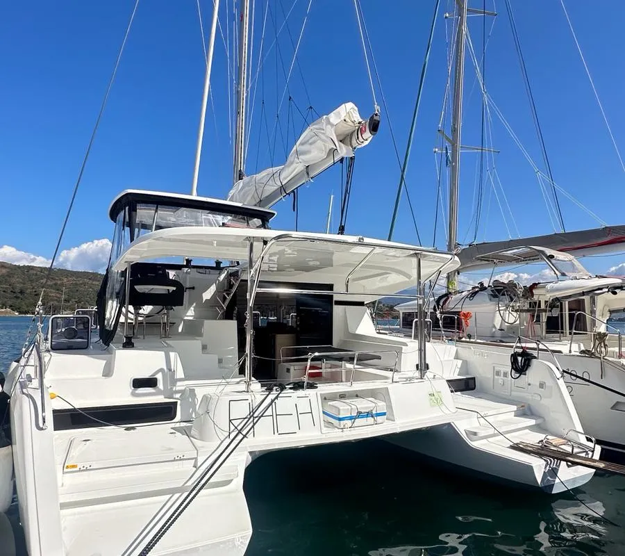 Exterior view of Rhea, a Lagoon 42 catamaran at Marmaris, Turkey