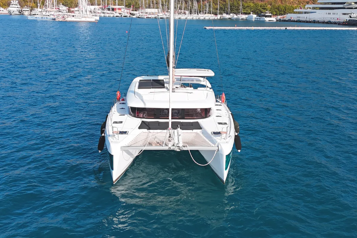 Exterior view of Rhea, a Lagoon 42 catamaran at Marmaris, Turkey
