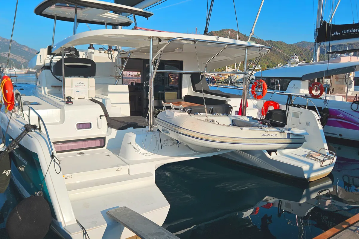 Exterior view of Rhea, a Lagoon 42 catamaran at Marmaris, Turkey
