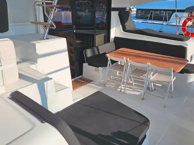 Deck of Rhea, a Lagoon 42 catamaran at Marmaris, Turkey