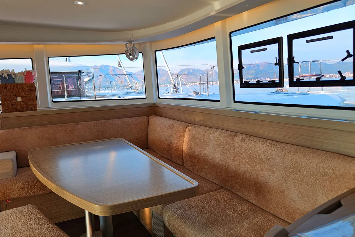 Salon of Rhea, a Lagoon 42 catamaran at Marmaris, Turkey