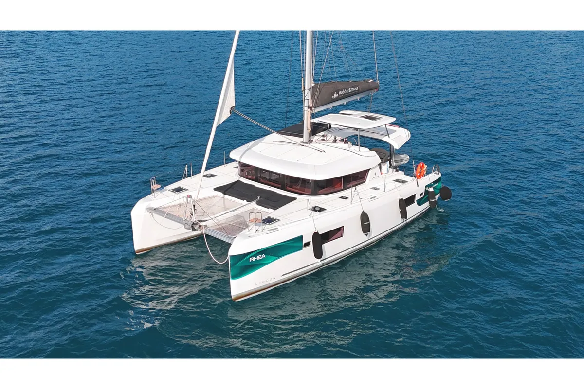 Exterior view of Rhea, a Lagoon 42 catamaran at Marmaris, Turkey