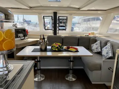 Salon of Kinara, a Fountaine Pajot Lucia 40 catamaran at Mai Khao, Thailand