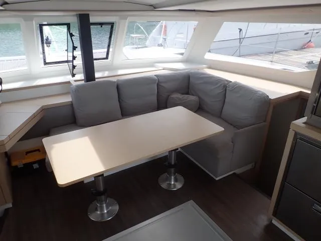 Salon of Kinara, a Fountaine Pajot Lucia 40 catamaran at Mai Khao, Thailand