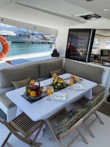 Deck of Kinara, a Fountaine Pajot Lucia 40 catamaran at Mai Khao, Thailand