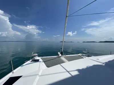 Deck of Kinara, a Fountaine Pajot Lucia 40 catamaran at Mai Khao, Thailand