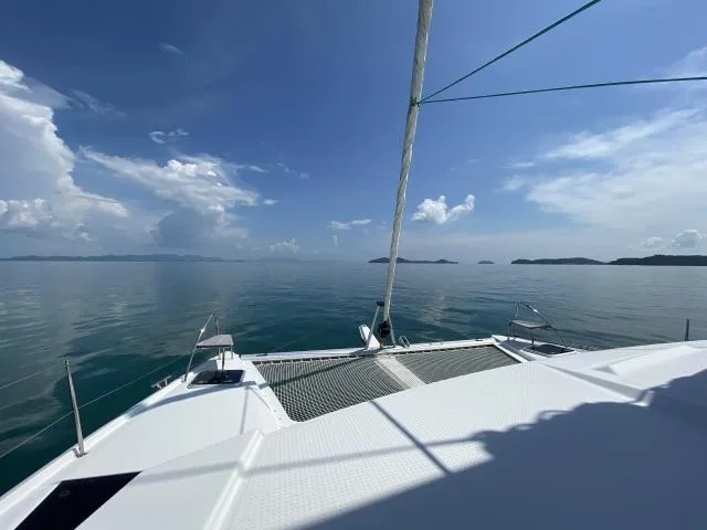 Deck of Kinara, a Fountaine Pajot Lucia 40 catamaran at Mai Khao, Thailand