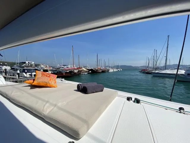 Deck of Kinara, a Fountaine Pajot Lucia 40 catamaran at Mai Khao, Thailand