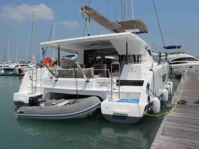 Exterior view of Kinara, a Fountaine Pajot Lucia 40 catamaran at Mai Khao, Thailand