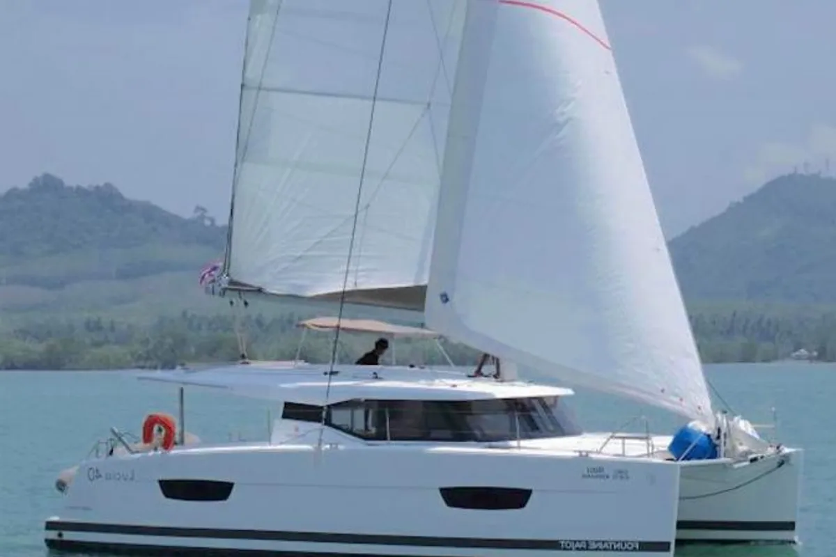 Exterior view of Kinara, a Fountaine Pajot Lucia 40 catamaran at Mai Khao, Thailand