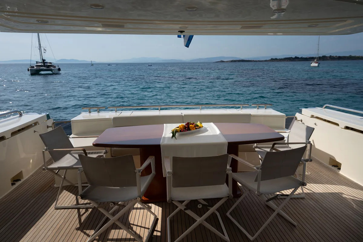 Deck of Nineteen, a Ferretti 780 motor yacht at Athens, Greece