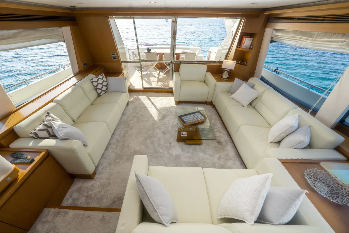 Salon of Nineteen, a Ferretti 780 motor yacht at Athens, Greece
