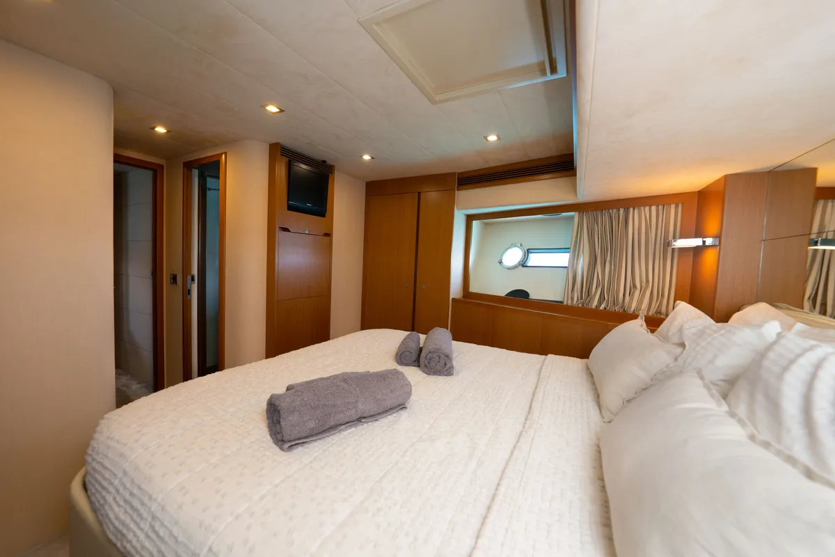 Cabin on Nineteen, a Ferretti 780 motor yacht at Athens, Greece