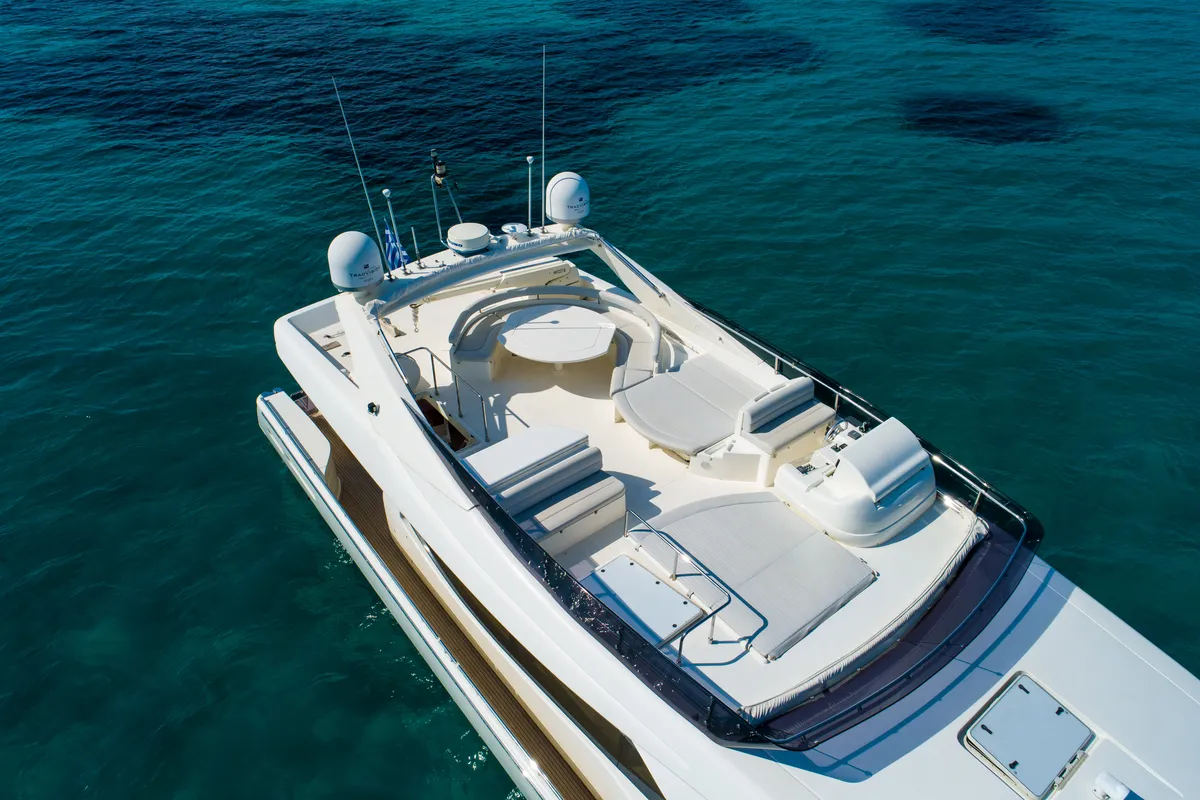 Deck of Nineteen, a Ferretti 780 motor yacht at Athens, Greece
