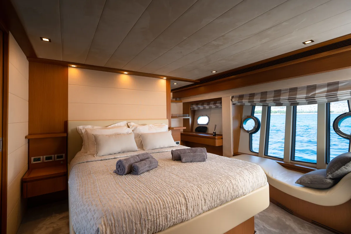 Cabin on Nineteen, a Ferretti 780 motor yacht at Athens, Greece