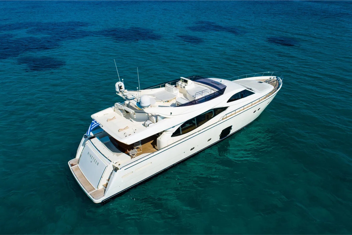Exterior view of Nineteen, a Ferretti 780 motor yacht at Athens, Greece