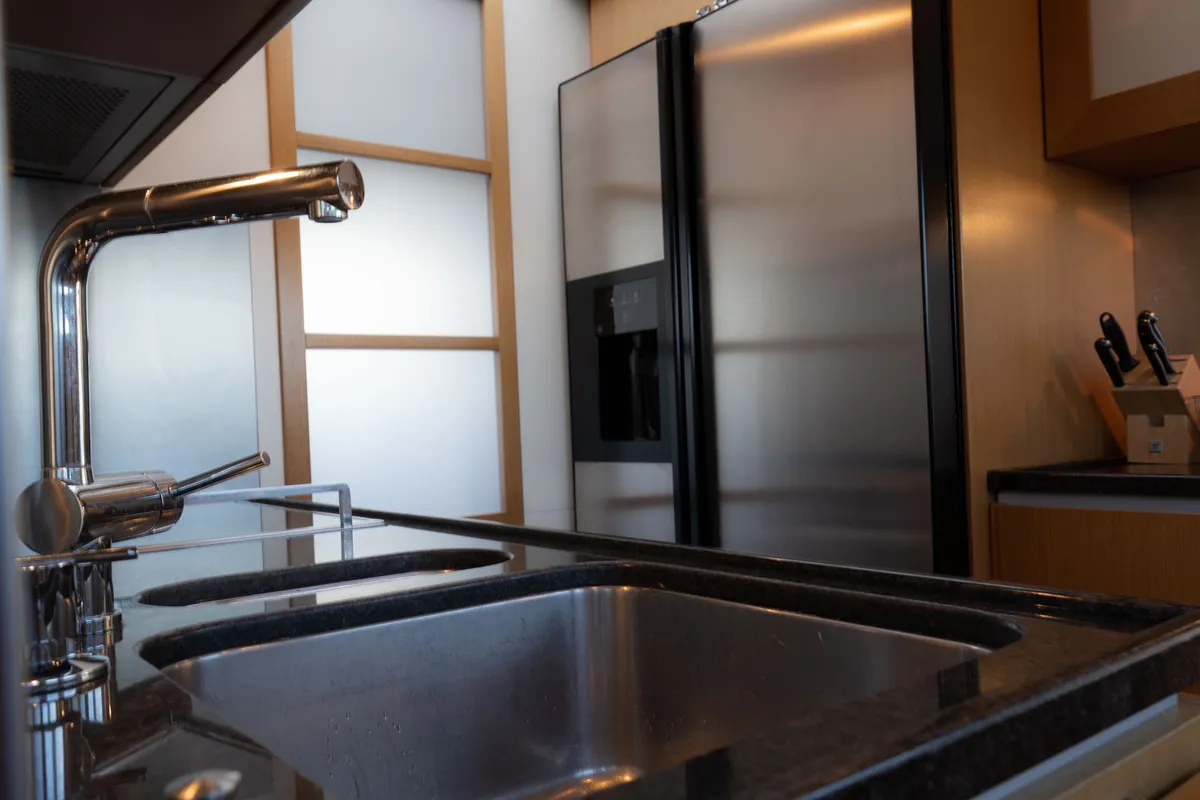 Galley of Nineteen, a Ferretti 780 motor yacht at Athens, Greece