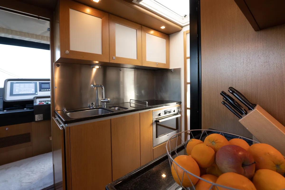 Galley of Nineteen, a Ferretti 780 motor yacht at Athens, Greece