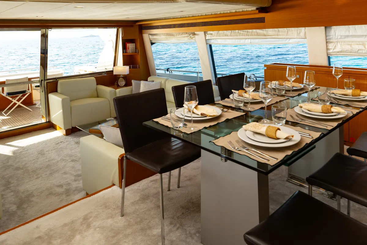Salon of Nineteen, a Ferretti 780 motor yacht at Athens, Greece