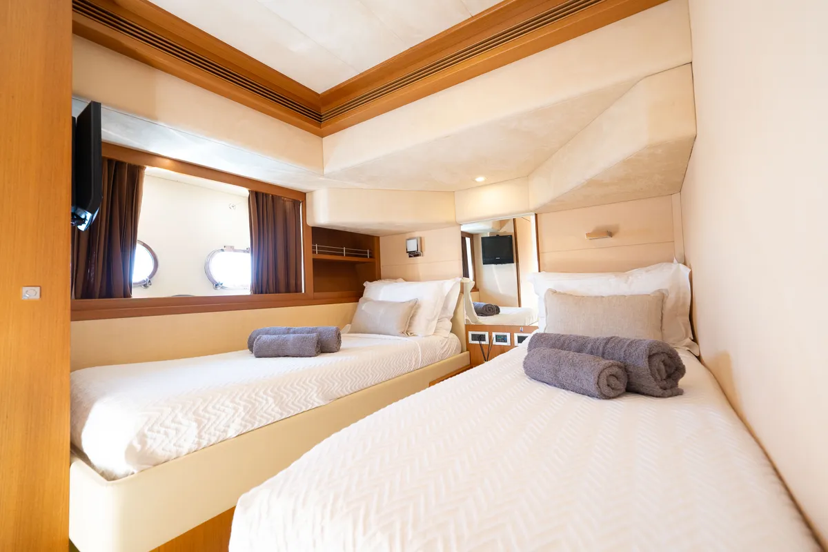 Cabin on Nineteen, a Ferretti 780 motor yacht at Athens, Greece