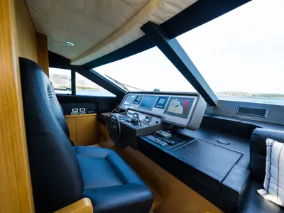 Cockpit of Nineteen, a Ferretti 780 motor yacht at Athens, Greece