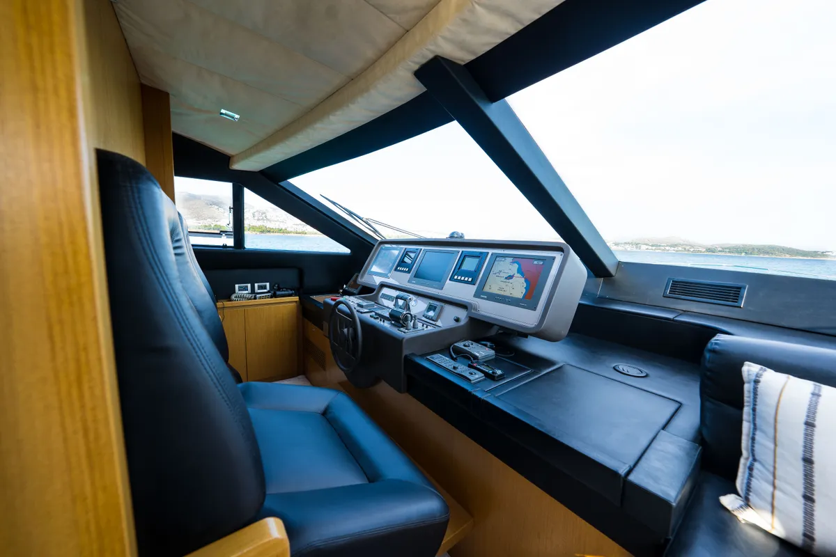 Cockpit of Nineteen, a Ferretti 780 motor yacht at Athens, Greece