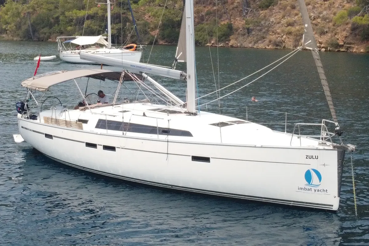 Exterior view of Zulu, a Bavaria 46 Cruiser sailboat at Fethiye, Turkey