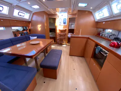 Salon of Zulu, a Bavaria 46 Cruiser sailboat at Fethiye, Turkey