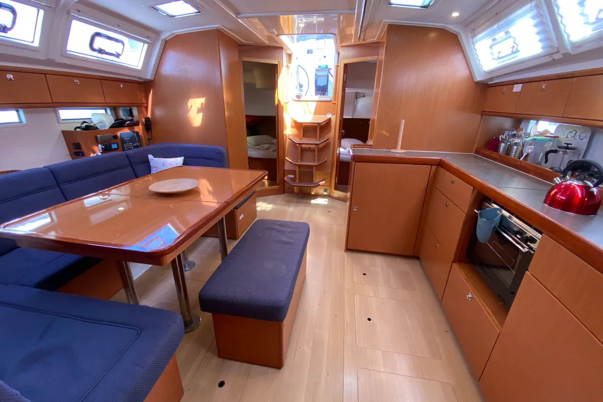 Salon of Zulu, a Bavaria 46 Cruiser sailboat at Fethiye, Turkey