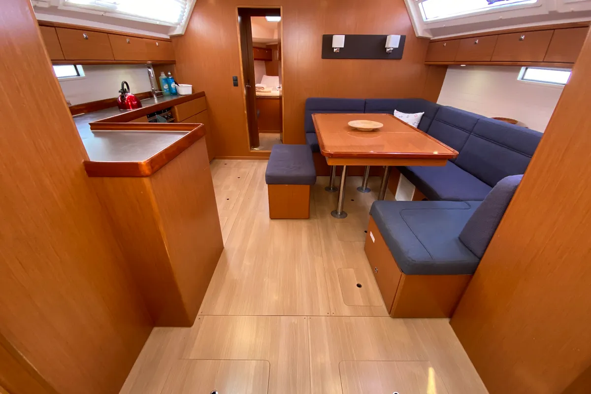 Salon of Zulu, a Bavaria 46 Cruiser sailboat at Fethiye, Turkey