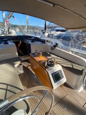 Cockpit of Zulu, a Bavaria 46 Cruiser sailboat at Fethiye, Turkey