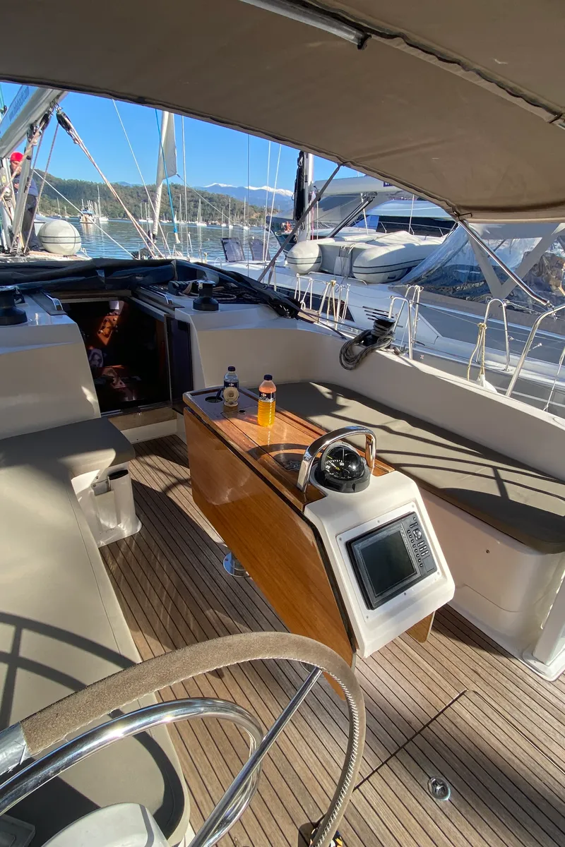 Cockpit of Zulu, a Bavaria 46 Cruiser sailboat at Fethiye, Turkey