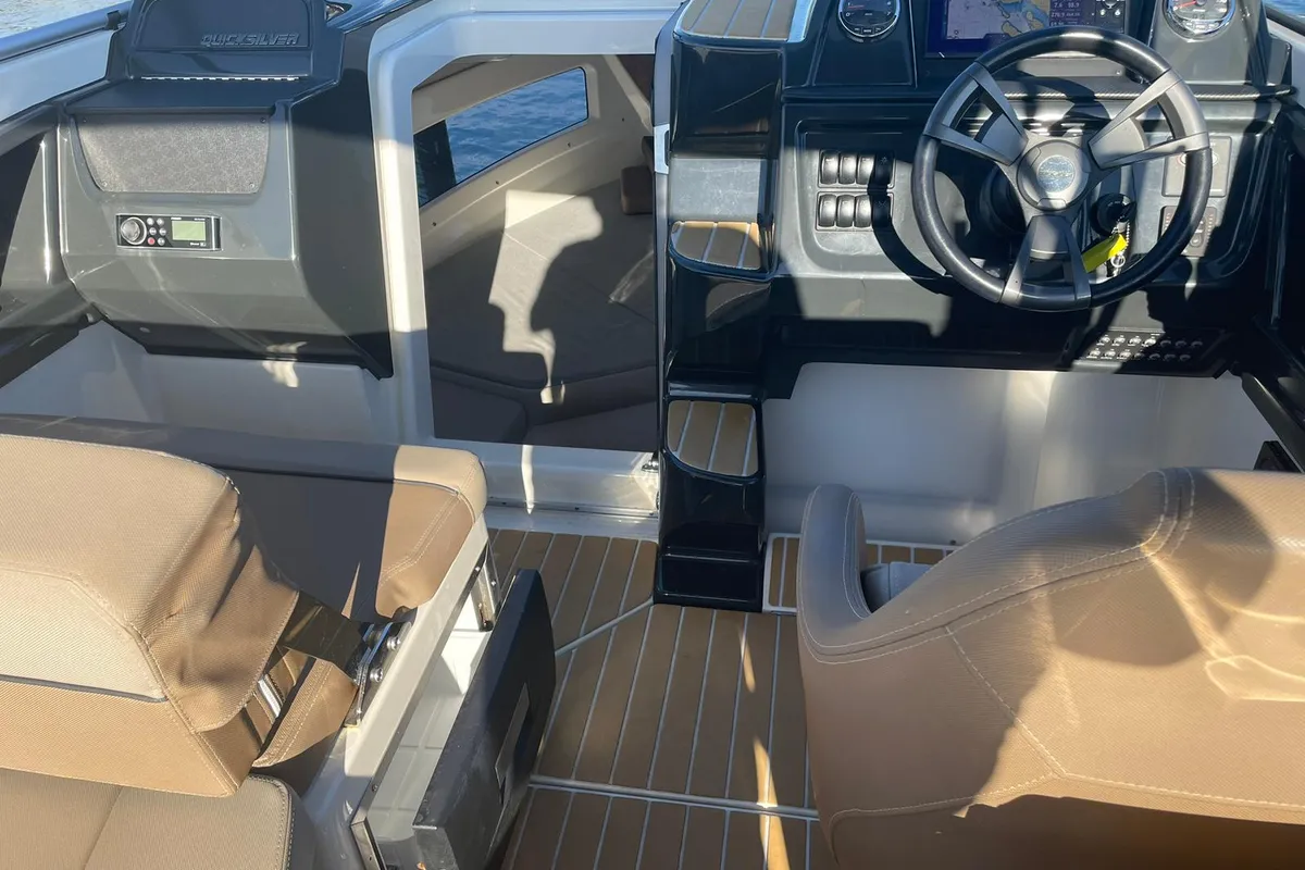 Cockpit of Pure Pleasure, a Quicksilver Activ 755 CR motorboat at Tribunj, Croatia