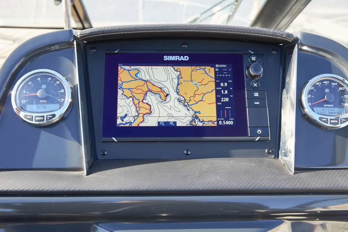 Cockpit of Pure Pleasure, a Quicksilver Activ 755 CR motorboat at Tribunj, Croatia