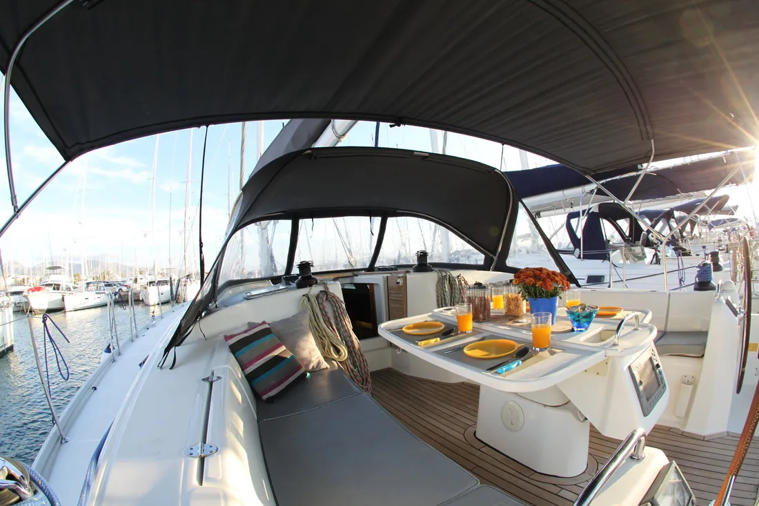 Cockpit of Joker, a Beneteau Cyclades 50.5 sailboat at Athens, Greece
