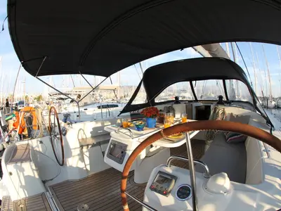 Cockpit of Joker, a Beneteau Cyclades 50.5 sailboat at Athens, Greece