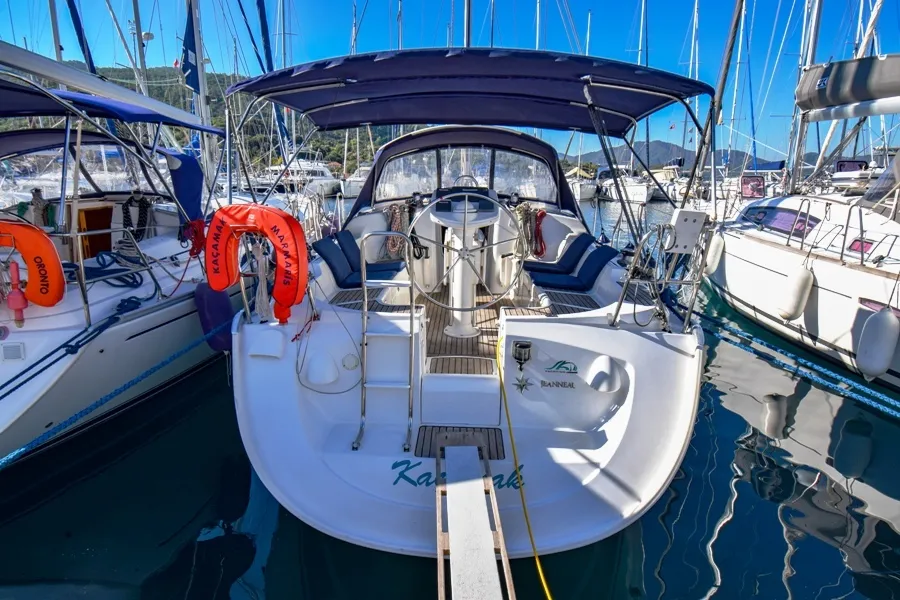 Exterior view of Kacamak, a Jeanneau Sun Odyssey 37 sailboat at Marmaris, Turkey