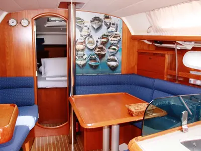 Salon of Kacamak, a Jeanneau Sun Odyssey 37 sailboat at Marmaris, Turkey