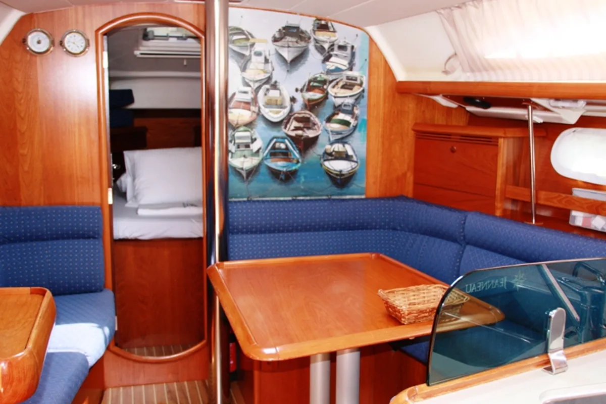 Salon of Kacamak, a Jeanneau Sun Odyssey 37 sailboat at Marmaris, Turkey