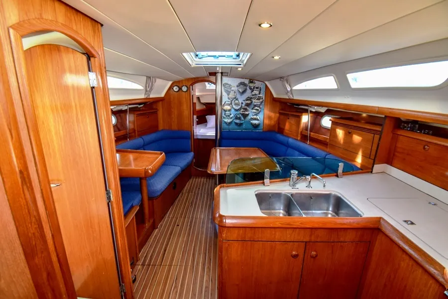 Salon of Kacamak, a Jeanneau Sun Odyssey 37 sailboat at Marmaris, Turkey