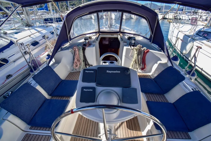 Cockpit of Kacamak, a Jeanneau Sun Odyssey 37 sailboat at Marmaris, Turkey