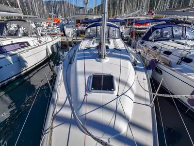 Deck of Kacamak, a Jeanneau Sun Odyssey 37 sailboat at Marmaris, Turkey