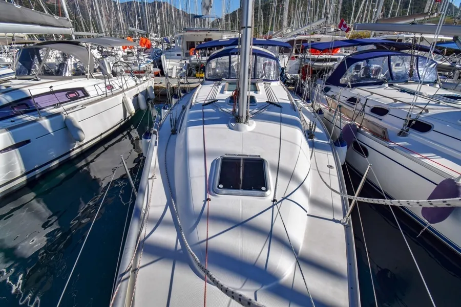 Deck of Kacamak, a Jeanneau Sun Odyssey 37 sailboat at Marmaris, Turkey