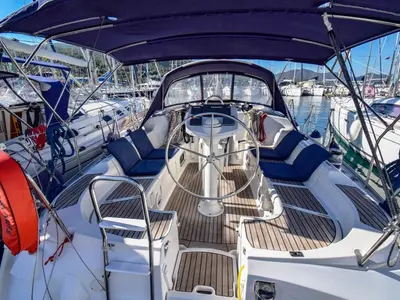 Cockpit of Kacamak, a Jeanneau Sun Odyssey 37 sailboat at Marmaris, Turkey