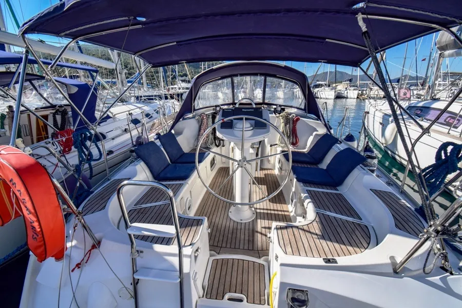 Cockpit of Kacamak, a Jeanneau Sun Odyssey 37 sailboat at Marmaris, Turkey