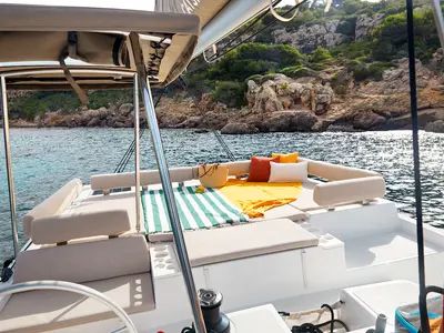 Deck of Jolene, a Bali Catspace OW catamaran at Pirovac, Croatia