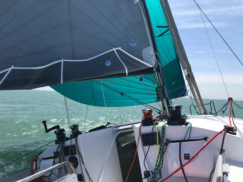 Deck of Aminata, a Pogo 36 sailboat at Alameda, United States