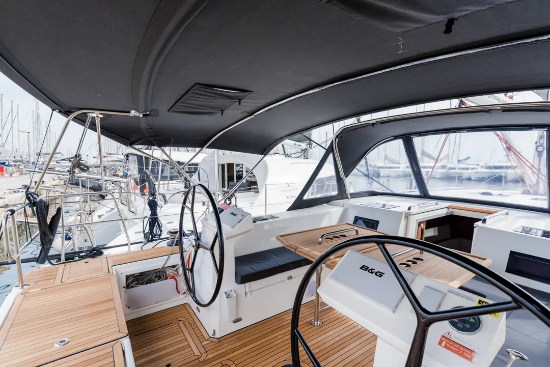 Cockpit of Midas, a Bavaria C45 sailboat at Athens, Greece